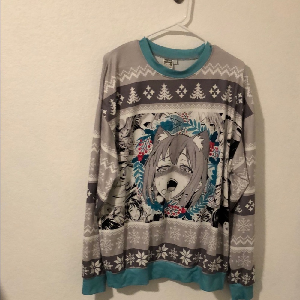 Gray and Blue Crewneck Sweater with Bold Nordic Patterns